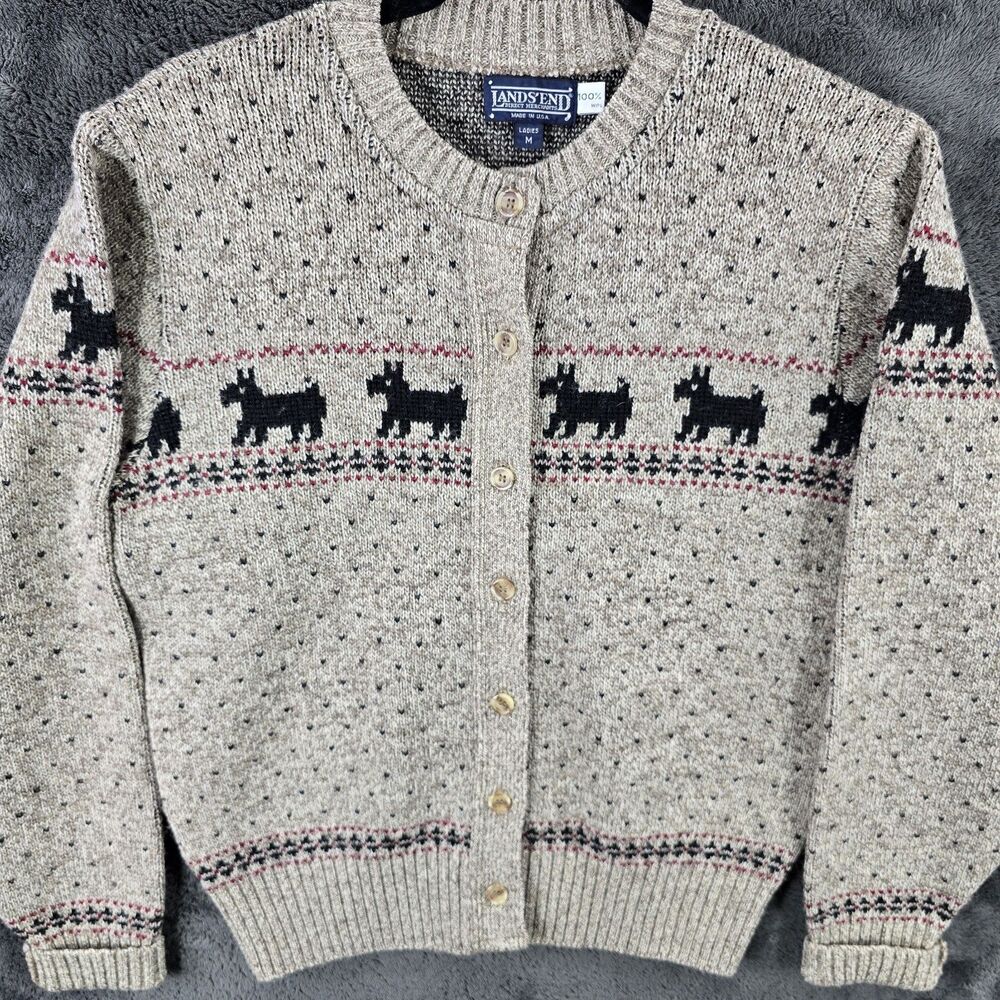 Lands End Wool Scottie Dog Lover Knit Oatmeal Cardigan Sweater Womens Medium